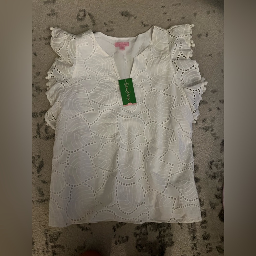 Lilly Pulitzer White Astara Top Women’s white Eyelet w Pom Pom top